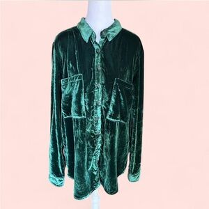 Anthropologie Pilcro Hadley Button Down Shirt Large Emerald Green Crushed Velvet